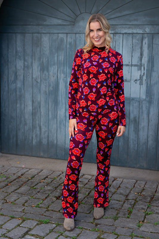 Langarmshirt mit Blumenmuster in Bordeaux - Dutch Atelier