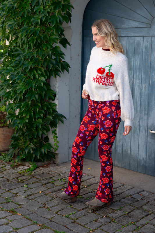 Soft Flared Legging mit Blumenmuster in Bordeaux - Dutch Atelier