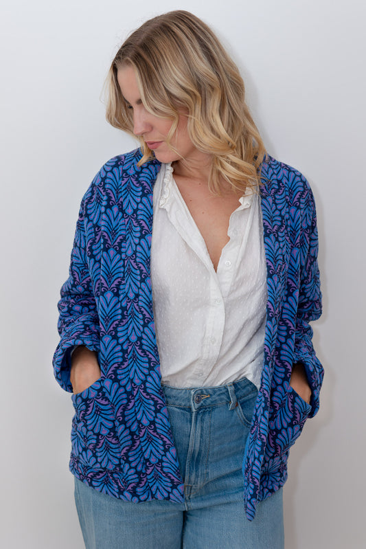 Jacke im Kimono-Stil mit Blattmuster - Blau - Dutch Atelier