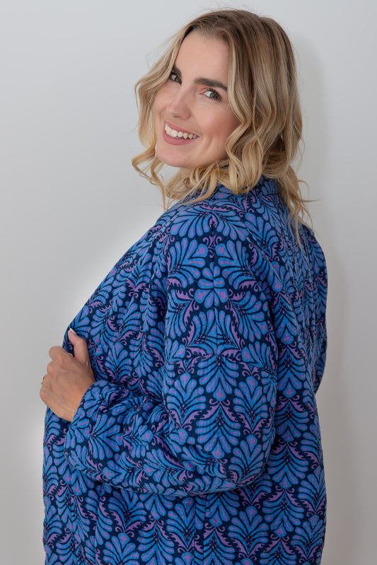 Jacke im Kimono-Stil mit Blattmuster - Blau