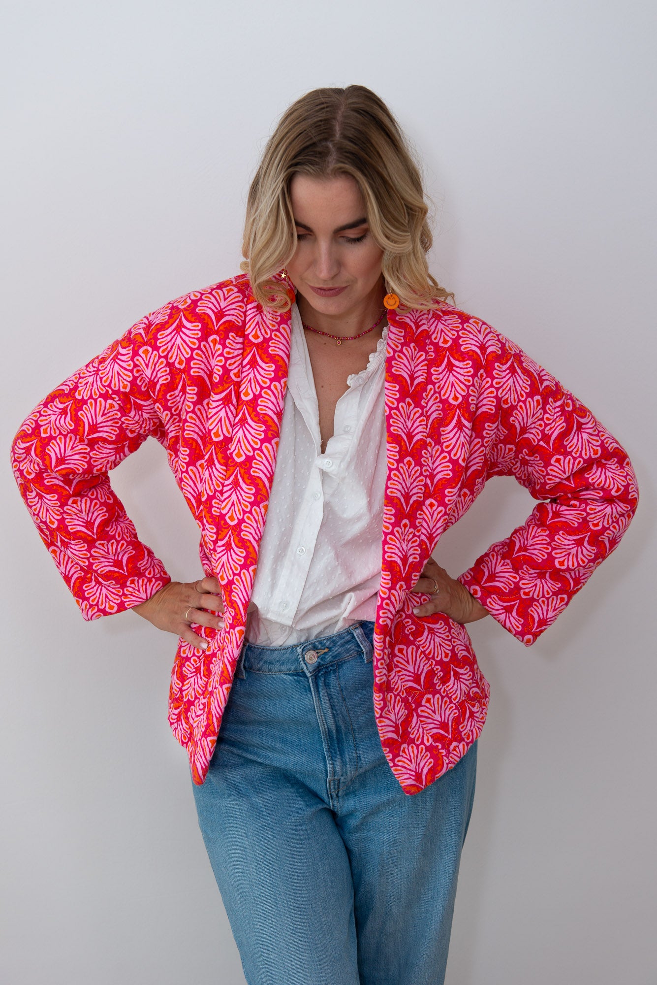 Jacke im Kimono-Stil mit Blattmuster - Pink