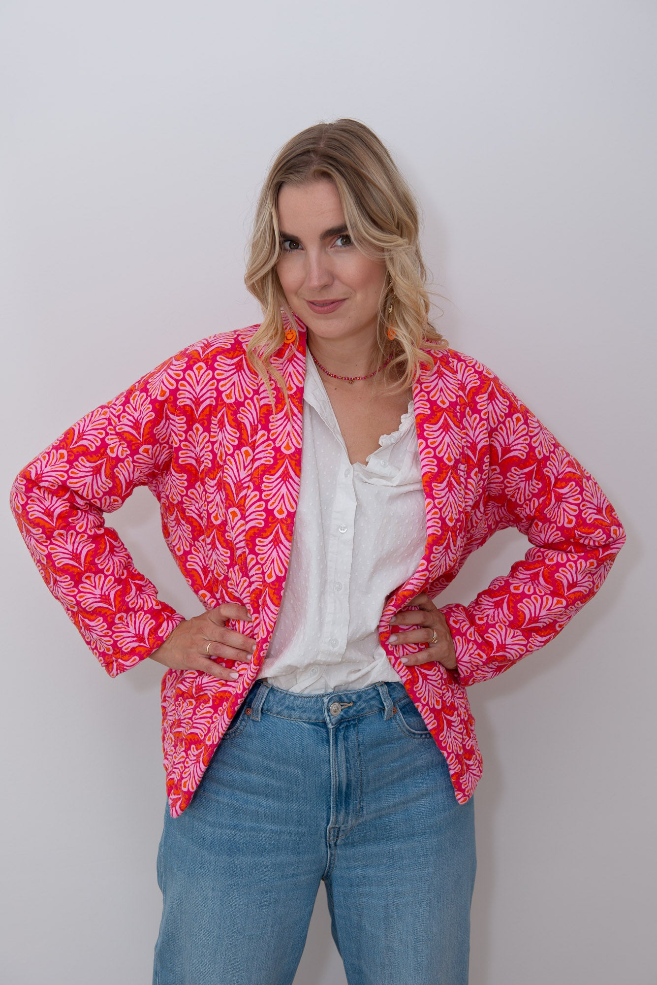 Jacke im Kimono-Stil mit Blattmuster - Pink