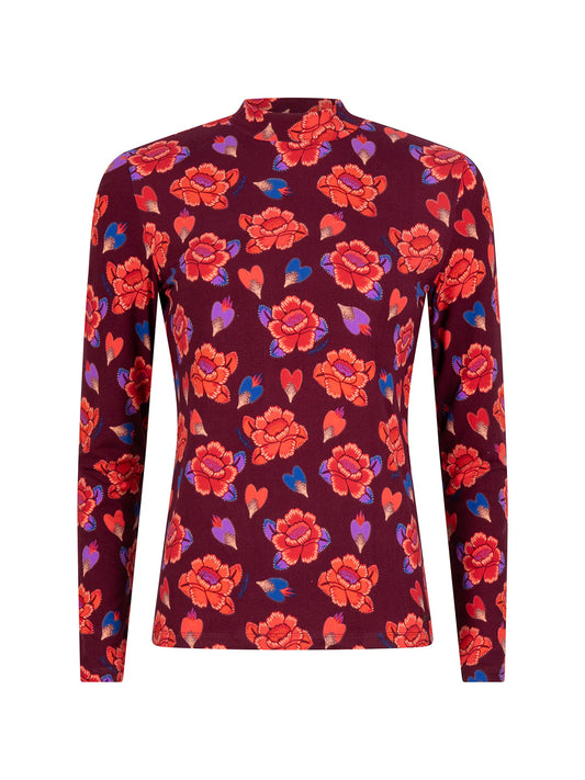 Langarmshirt mit Blumenmuster in Bordeaux