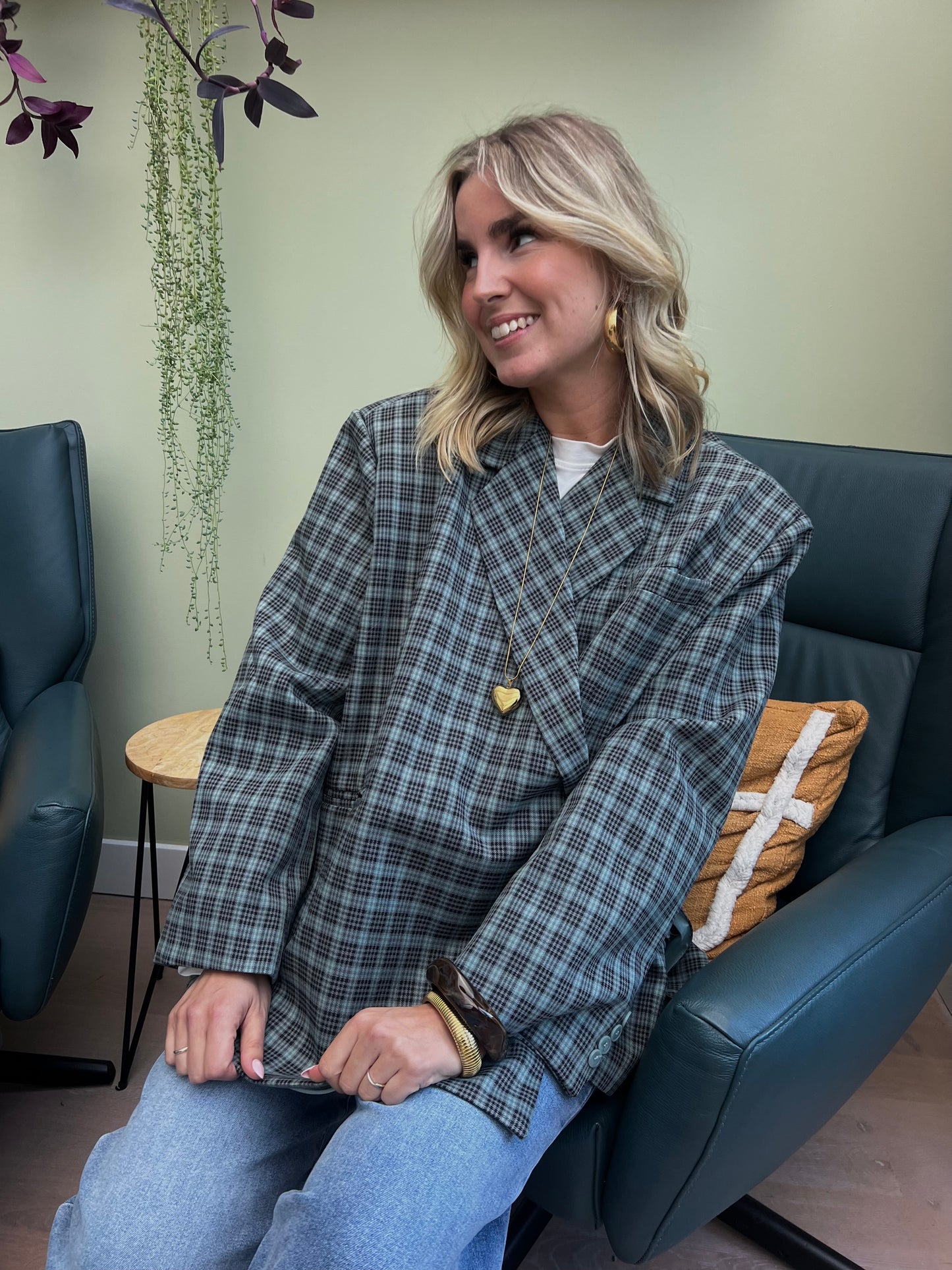 Blauer Oversized Blazer mit Karomuster 